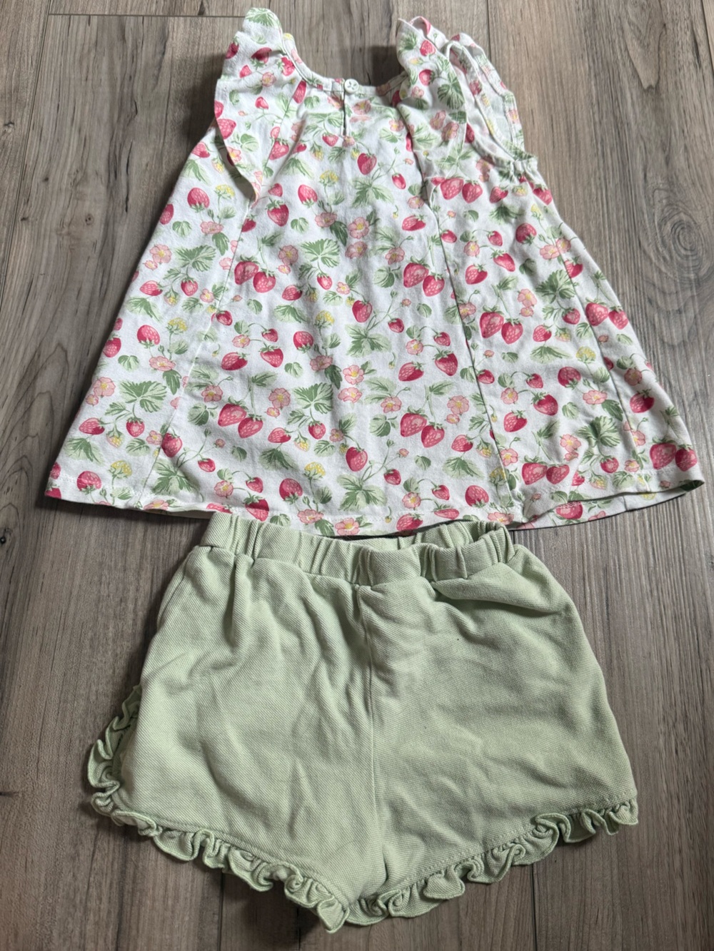 Max Studio Girls Strawberry Print Tank Top and Light Green Ruffle Shorts Set